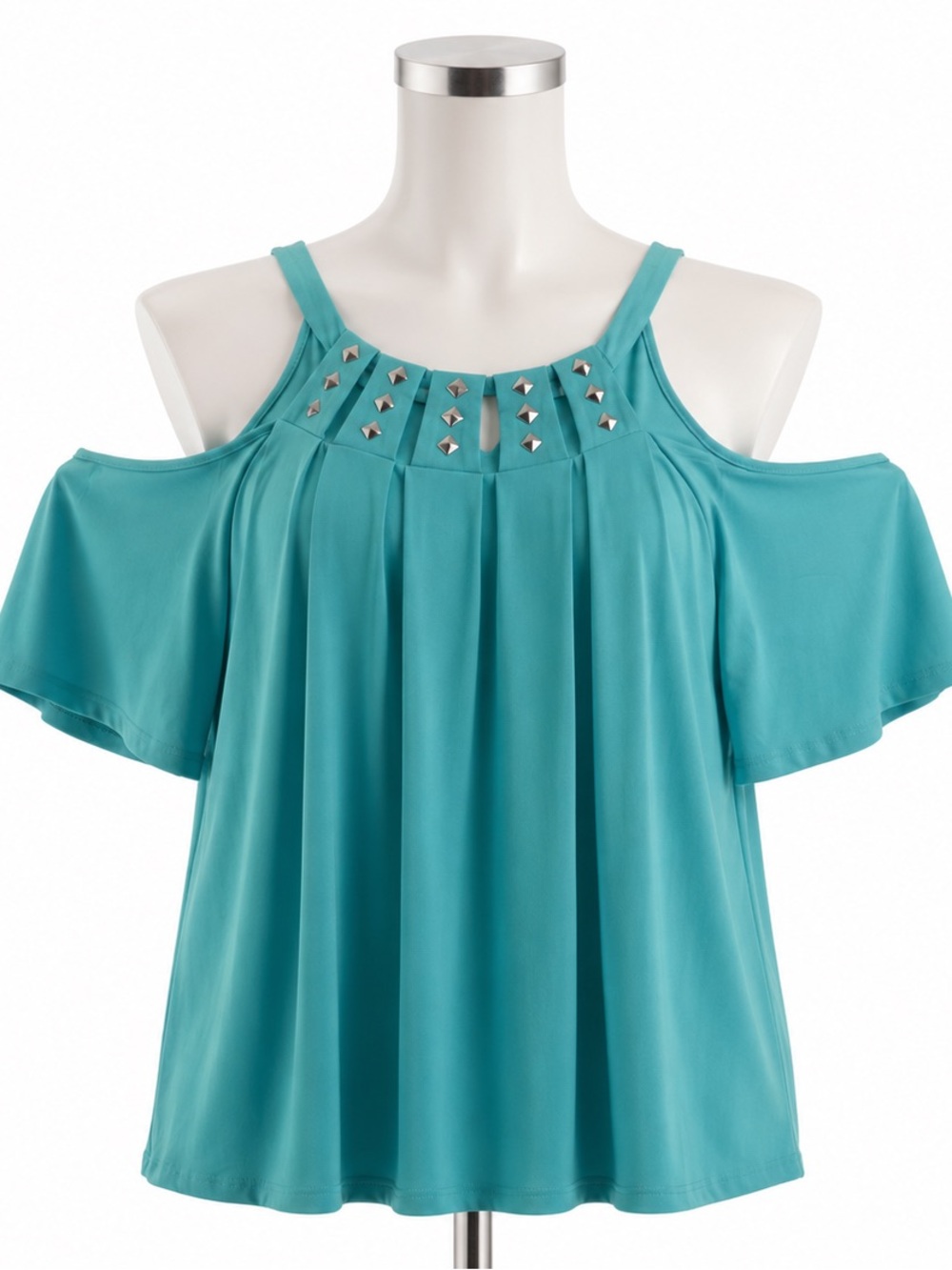Late August Cold-Shoulder Studded Tunic Top in Teal, Size‎ L
